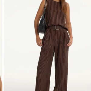Women's Brown Pinstripe Wide-Leg Jumpsuit